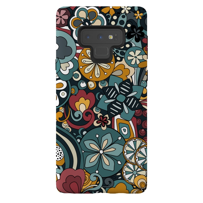 Galaxy Note 9 StrongFit Retro Moody Florals in Blue, Red and Mustard by Paula Ohreen