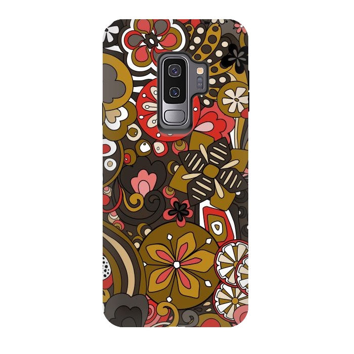 Galaxy S9 plus StrongFit Retro Moody Florals in Red, Mustard and Brown by Paula Ohreen