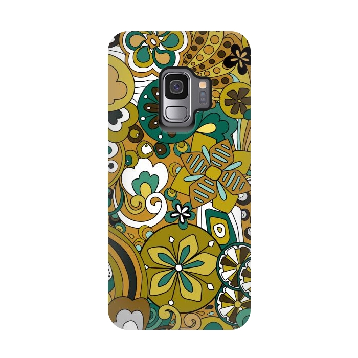 Galaxy S9 StrongFit Retro Moody Florals in Green and Mustard by Paula Ohreen
