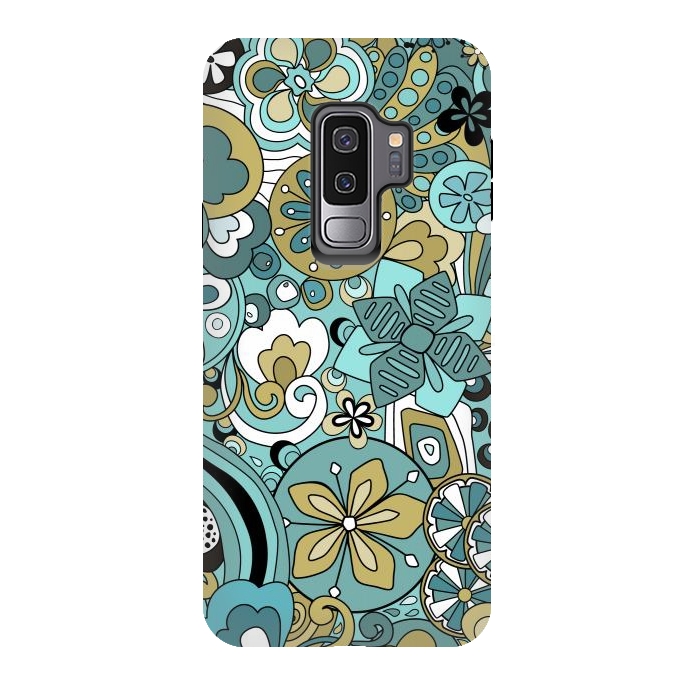 Galaxy S9 plus StrongFit Retro Moody Florals in Blue and Green by Paula Ohreen
