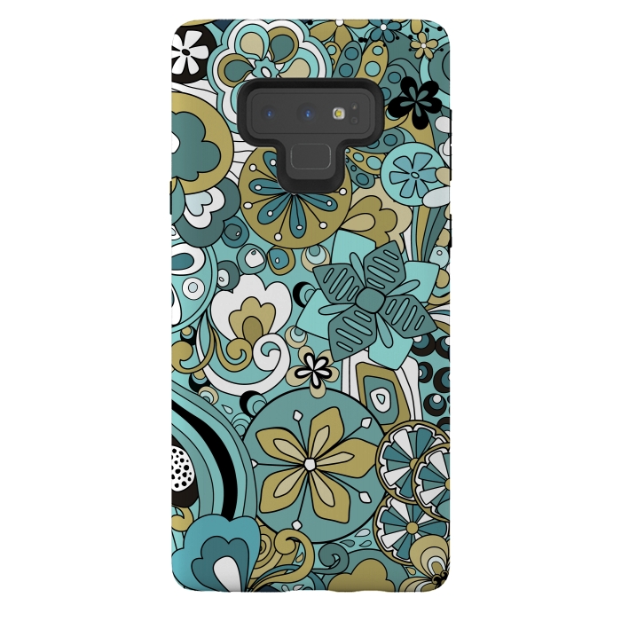 Galaxy Note 9 StrongFit Retro Moody Florals in Blue and Green by Paula Ohreen