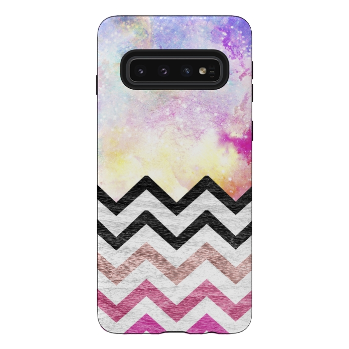 Galaxy S10 StrongFit SC Watercolor Nebula Space Pink ombre Wood Chevron by Girly Trend
