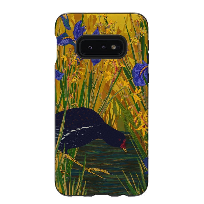 Galaxy S10e StrongFit Moorhen and Iris by Lotti Brown