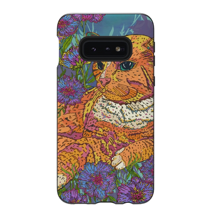 Galaxy S10e StrongFit Ginger Cat in Flowers by Lotti Brown