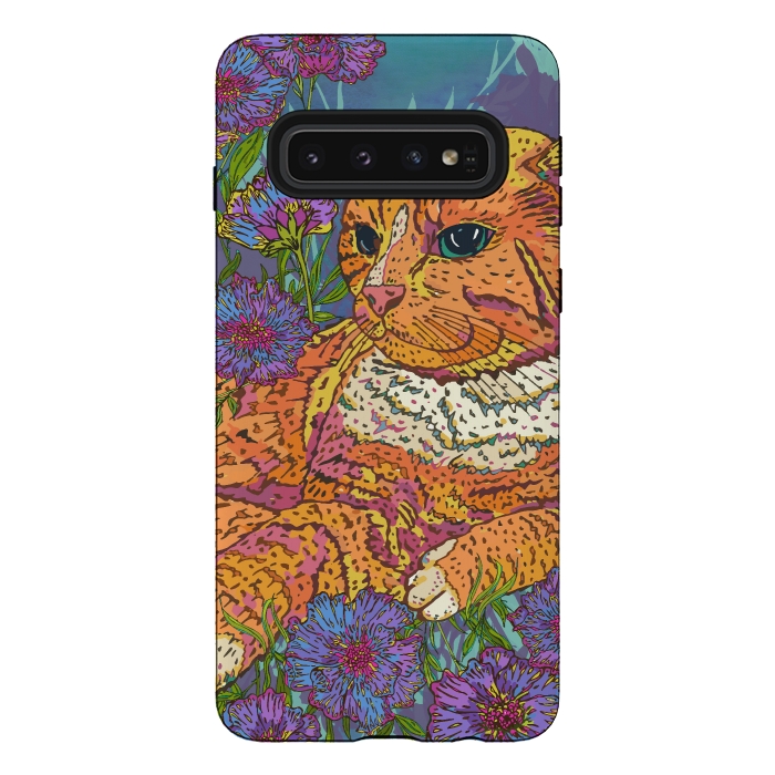 Galaxy S10 StrongFit Ginger Cat in Flowers by Lotti Brown