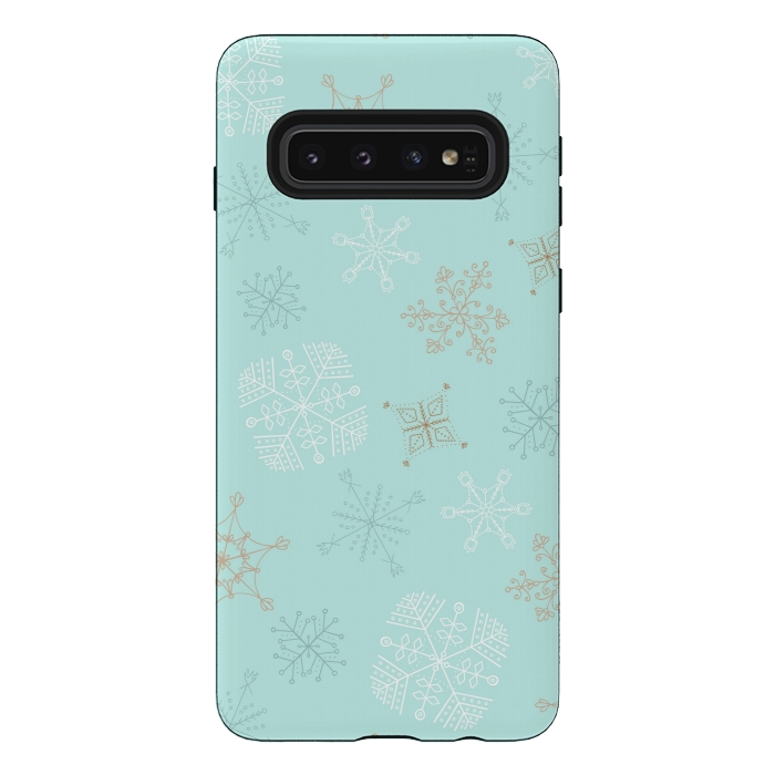 Galaxy S10 StrongFit Wintery Gold Snowflakes on Blue by Paula Ohreen