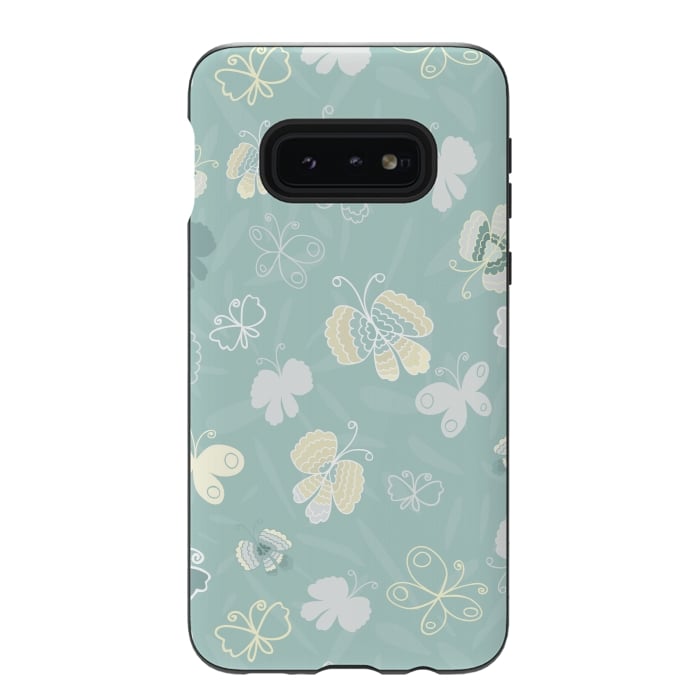 Galaxy S10e StrongFit Pretty Yellow and White Butterflies on Teal by Paula Ohreen