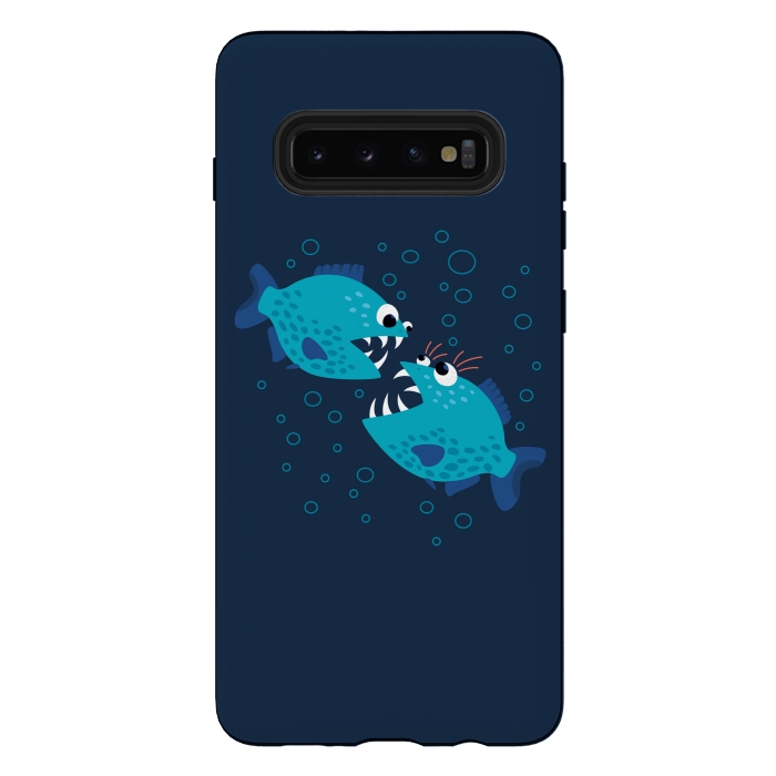 Galaxy S10 plus StrongFit Gossiping Blue Cartoon Piranha Fish by Boriana Giormova
