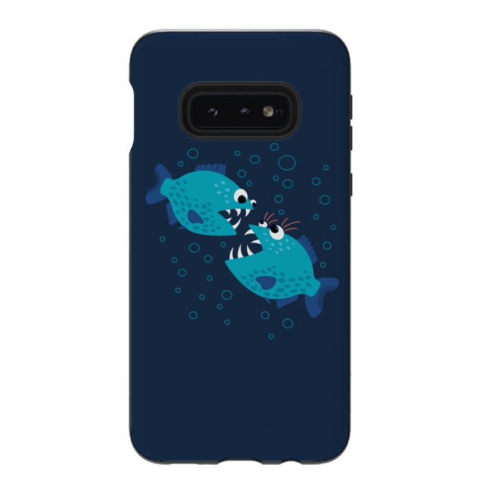 Galaxy S10e StrongFit Gossiping Blue Cartoon Piranha Fish by Boriana Giormova