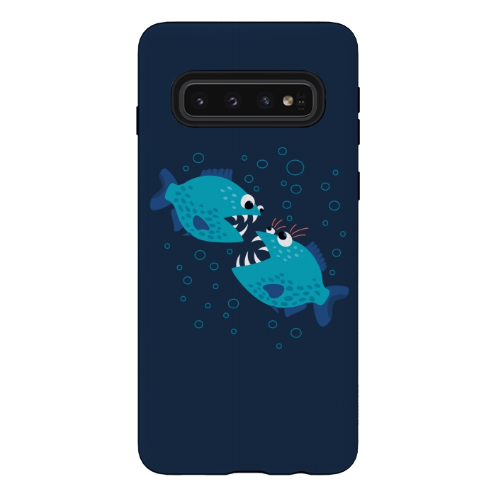 Galaxy S10 StrongFit Gossiping Blue Cartoon Piranha Fish by Boriana Giormova
