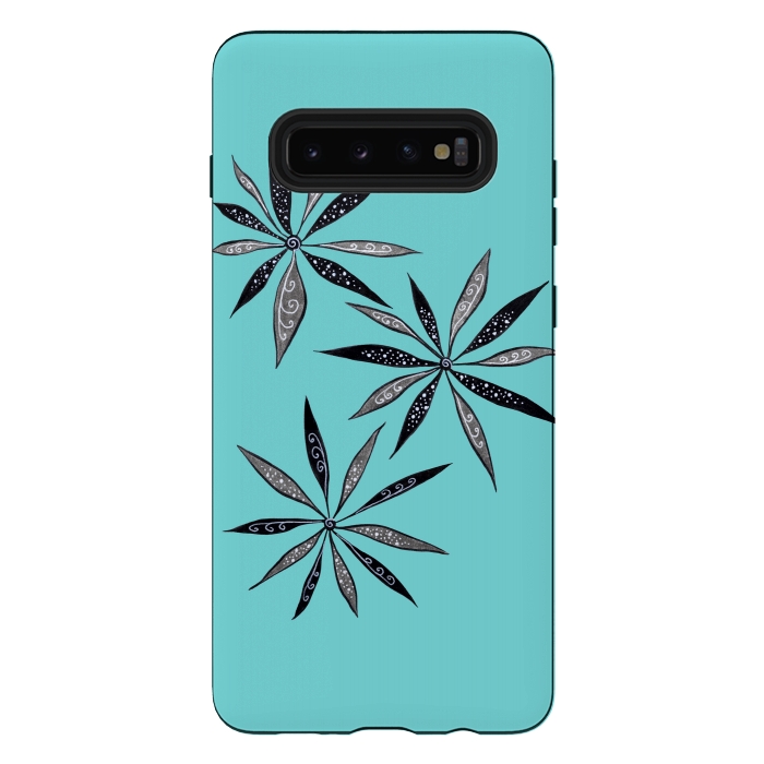 Galaxy S10 plus StrongFit Elegant Thin Flowers With Dots And Swirls On Blue by Boriana Giormova