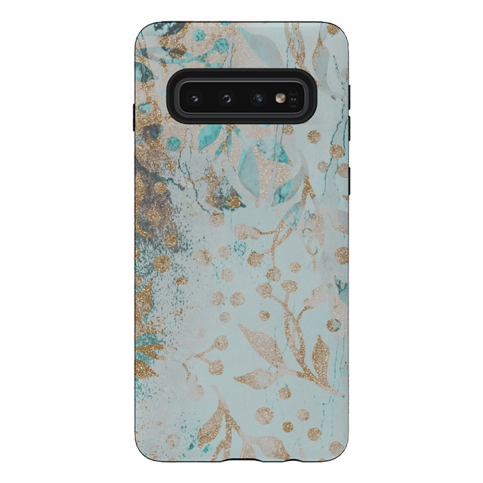 Galaxy S10 StrongFit  Botanical  Pattern Teal And Gold by Andrea Haase