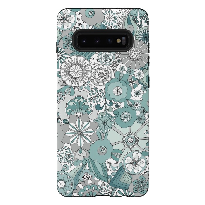 Galaxy S10 plus StrongFit Flowers, Flowers Everywhere Teal and Gray by Paula Ohreen