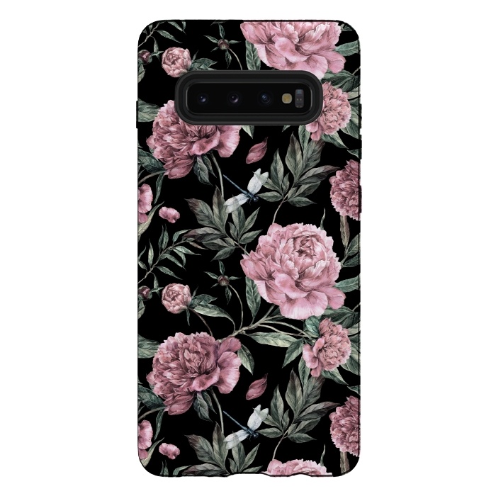 Galaxy S10 plus StrongFit Black and Pink Peony Pattern by  Utart
