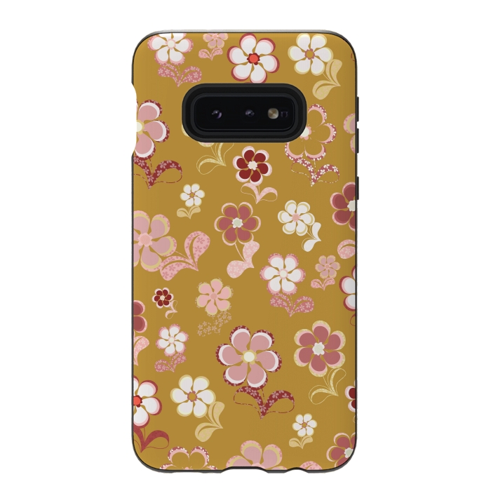 Galaxy S10e StrongFit 60s Flowers in Mustard and Pink by Paula Ohreen