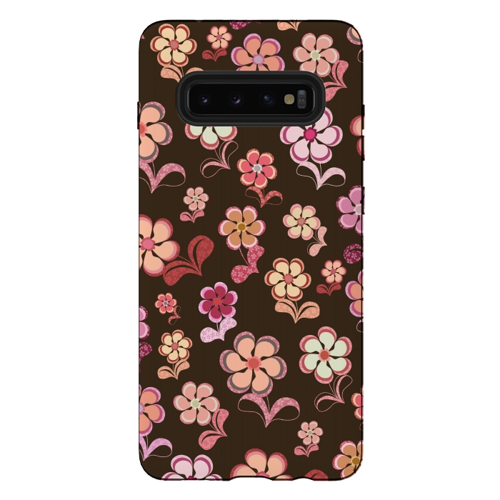 Galaxy S10 plus StrongFit 60s Flowers on Chocolate Brown by Paula Ohreen