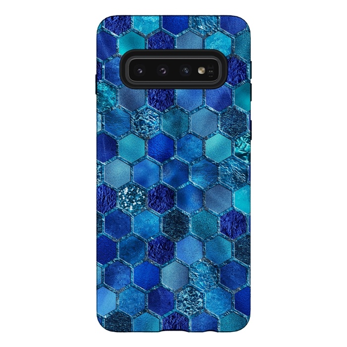 Galaxy S10 StrongFit Blue HOneycomb Glitter Pattern by  Utart