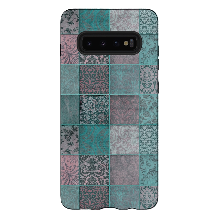 Galaxy S10 plus StrongFit Vintage Teal Patchwork by Andrea Haase