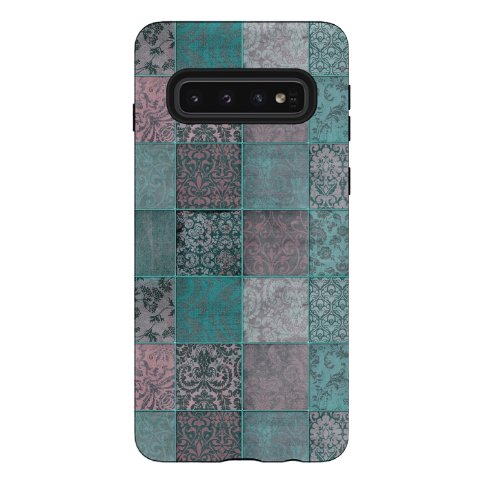 Galaxy S10 StrongFit Vintage Teal Patchwork by Andrea Haase