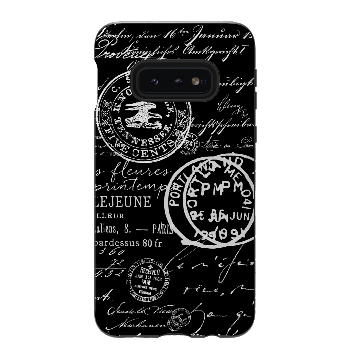 Galaxy S10e StrongFit Vintage Handwriting White On Black by Andrea Haase