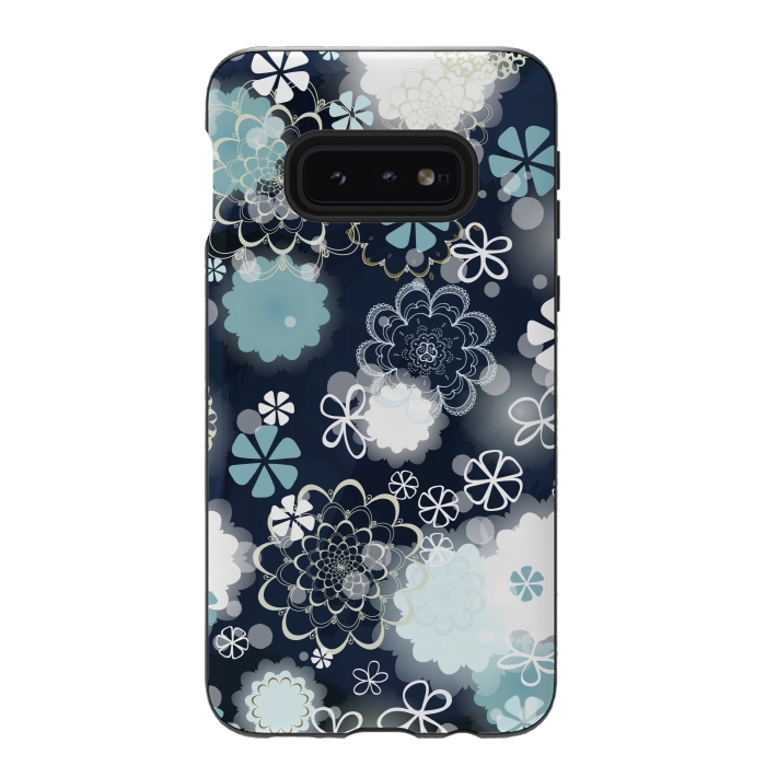 Galaxy S10e StrongFit Lacy Flowers on Dark Blue by Paula Ohreen