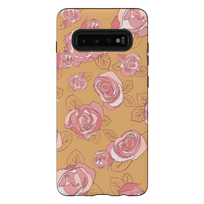 Galaxy S10 plus StrongFit Retro Roses on Mustard by Paula Ohreen