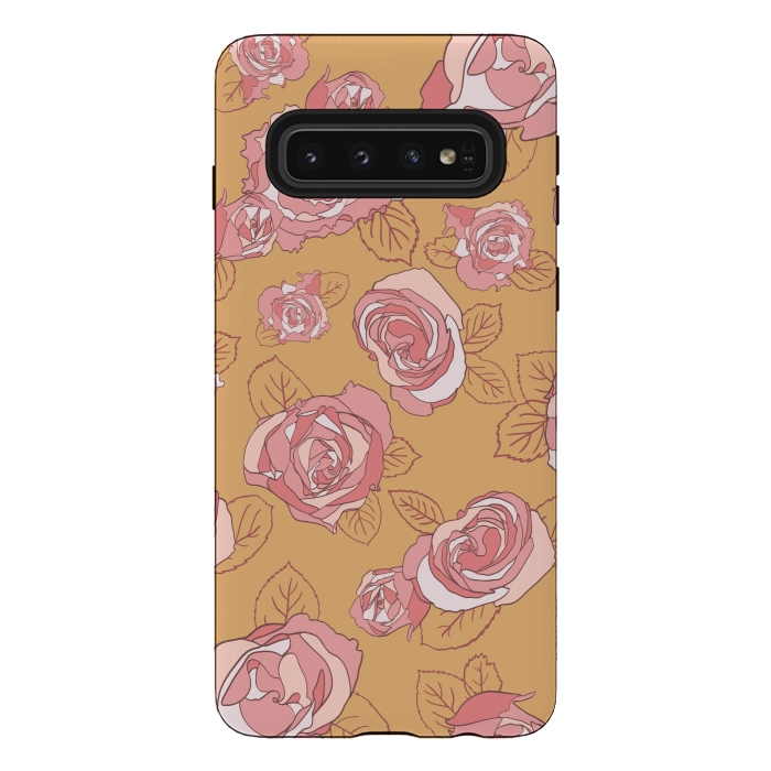 Galaxy S10 StrongFit Retro Roses on Mustard by Paula Ohreen
