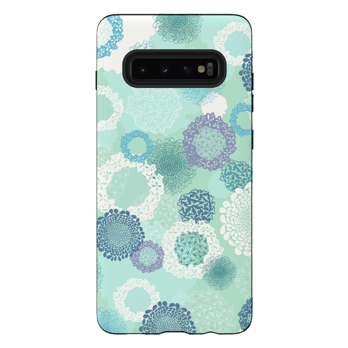 Galaxy S10 plus StrongFit Doily Flowers on Teal by Paula Ohreen