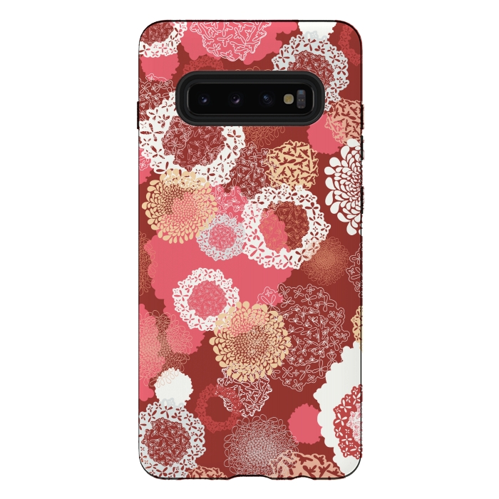 Galaxy S10 plus StrongFit Doily Flowers on Red by Paula Ohreen
