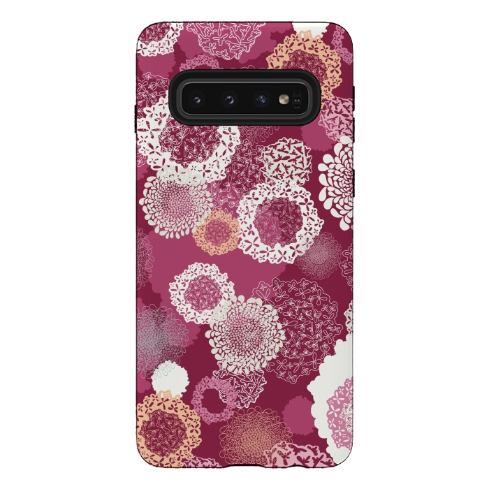 Galaxy S10 StrongFit Doily Flowers on Dark Pink by Paula Ohreen