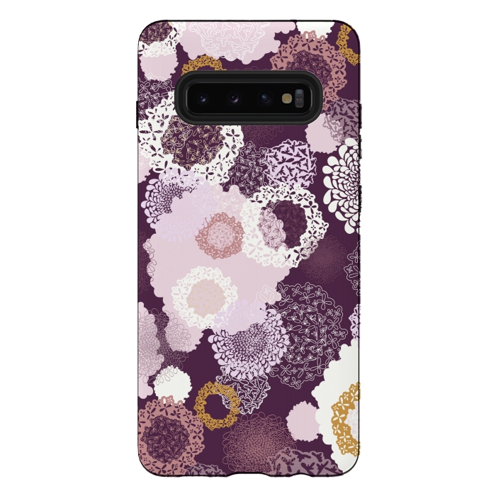 Galaxy S10 plus StrongFit Doily Flowers on Purple by Paula Ohreen