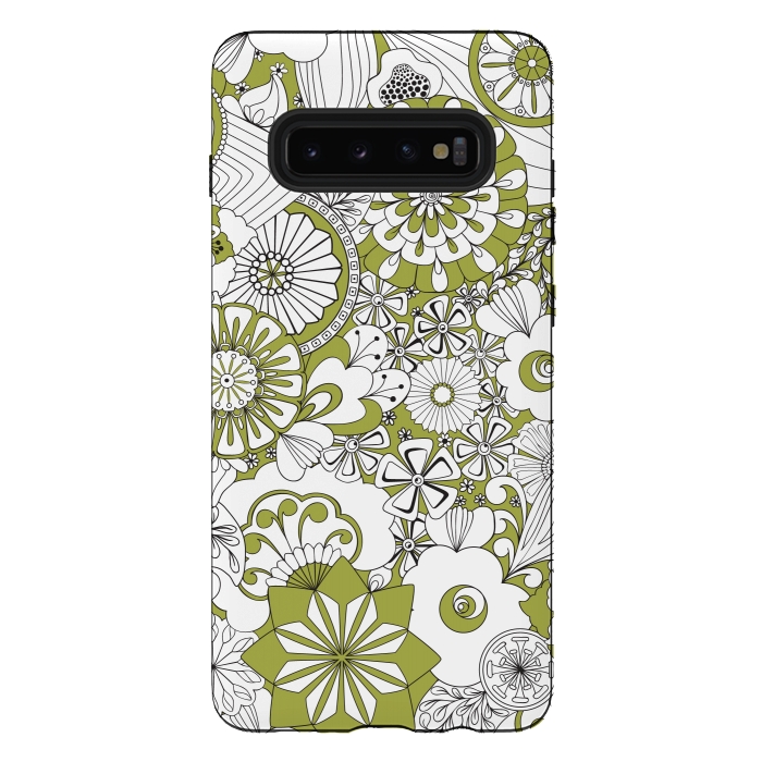 Galaxy S10 plus StrongFit 70s Flowers - Green and White by Paula Ohreen