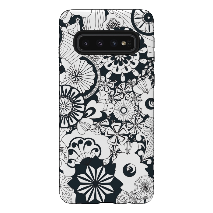 Galaxy S10 StrongFit 70s Flowers - Navy and White by Paula Ohreen