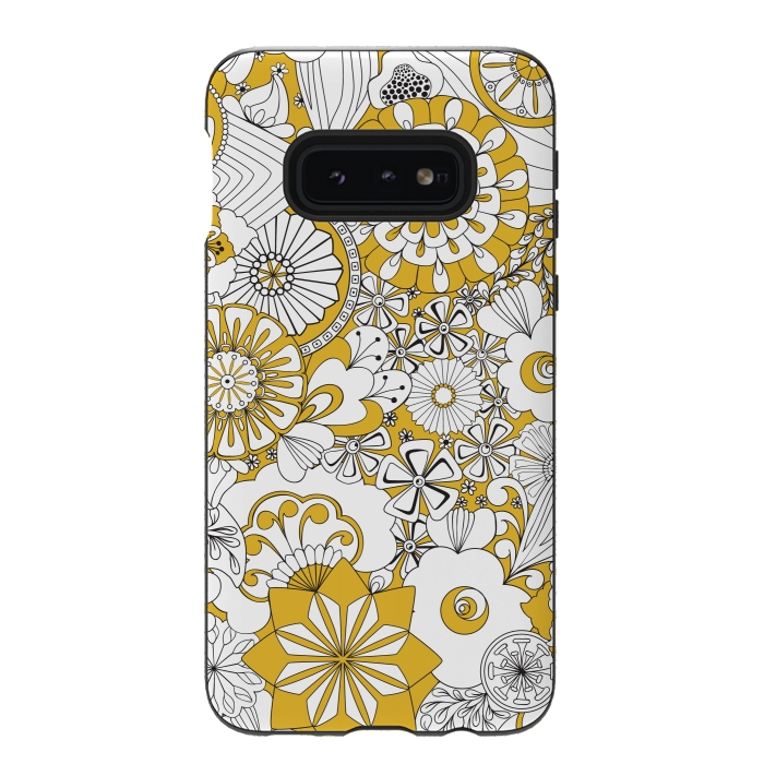 Galaxy S10e StrongFit 70s Flowers - Yellow and White by Paula Ohreen