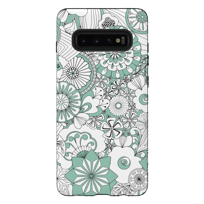 Galaxy S10 plus StrongFit 70s Flowers - Mint Green and White by Paula Ohreen