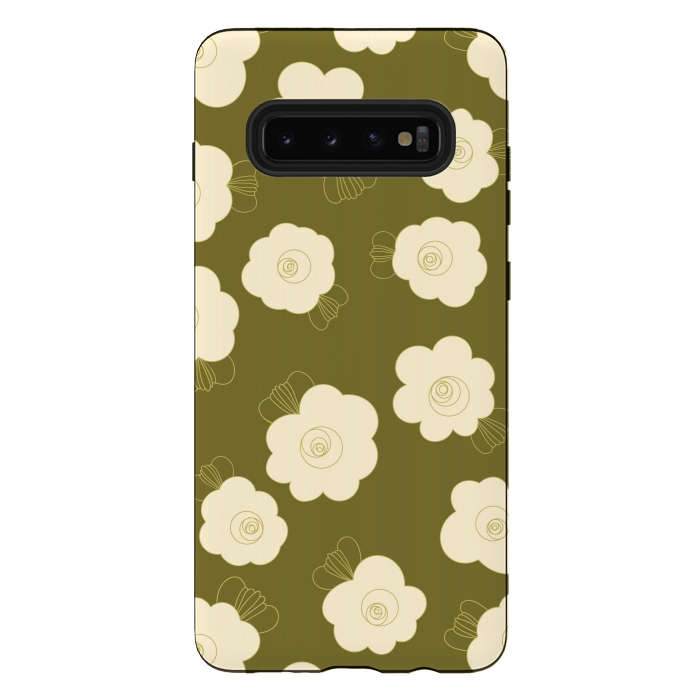 Galaxy S10 plus StrongFit Fluffy Flowers - Cream on Olive Green by Paula Ohreen