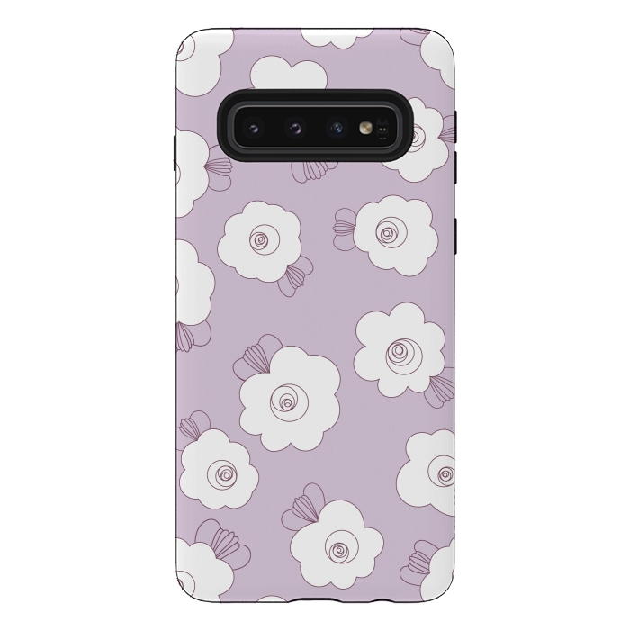 Galaxy S10 StrongFit Fluffy Flowers - White on Lilac by Paula Ohreen