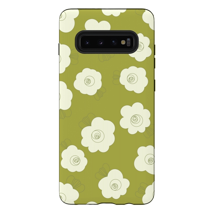 Galaxy S10 plus StrongFit Fluffy Flowers - White on Grass Green by Paula Ohreen