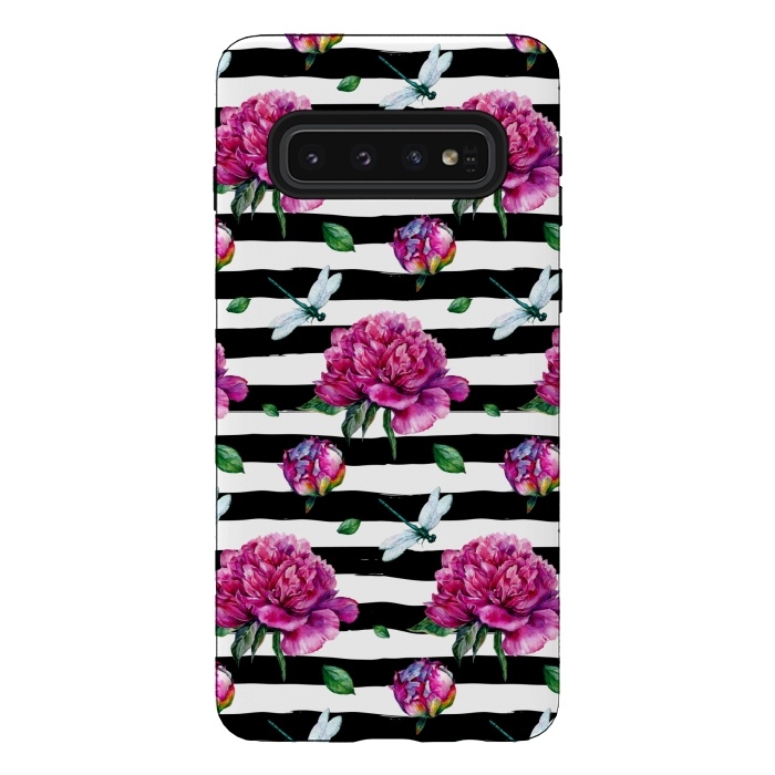 Galaxy S10 StrongFit Black Stripes and Peonies by  Utart