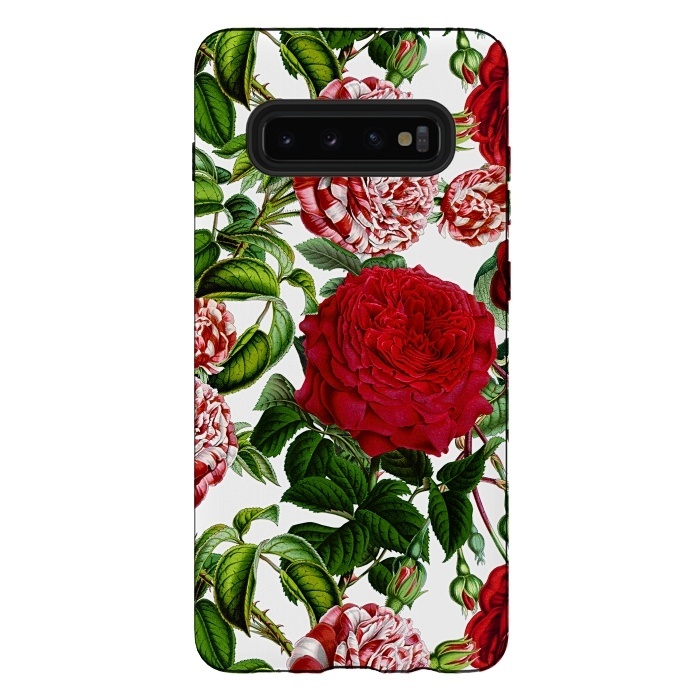 Galaxy S10 plus StrongFit Red and White Vintage Roses Pattern by  Utart