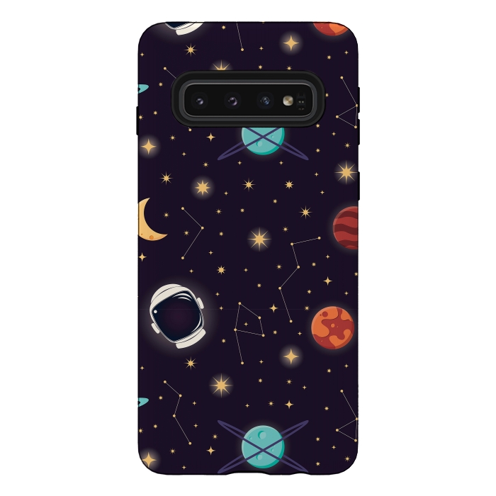 Galaxy S10 StrongFit Universe with planets, stars and astronaut helmet seamless pattern, cosmos starry night sky, vector illustration by Jelena Obradovic