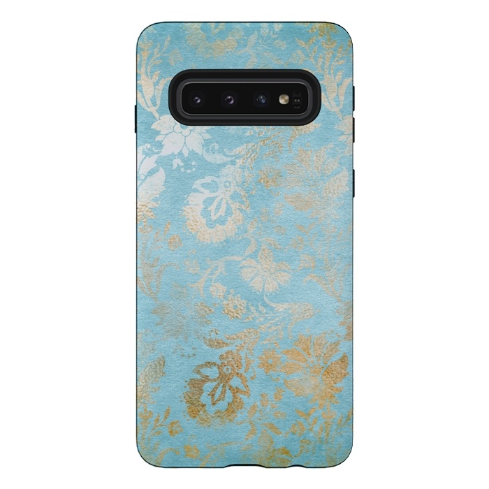 Galaxy S10 StrongFit TEAL and GOLD Damask Pattern by  Utart
