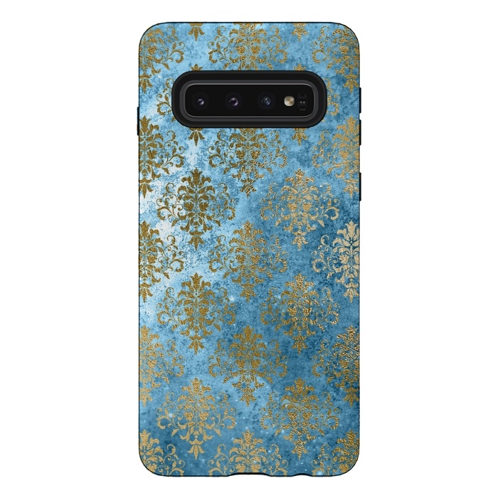 Galaxy S10 StrongFit Blue and Gold Trendy Vintage Damask Pattern by  Utart