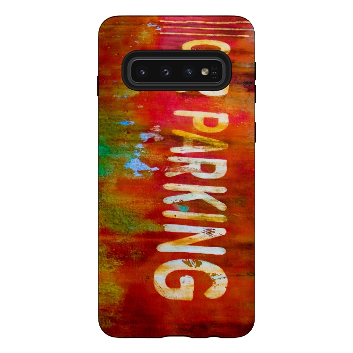 Galaxy S10 StrongFit Grunge Spray Paint Car Parking Sign by Andrea Haase