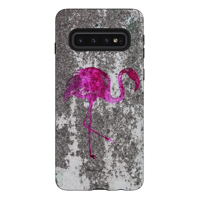 Galaxy S10 StrongFit Pink Flamingo Bird On Grunge Wall by Andrea Haase