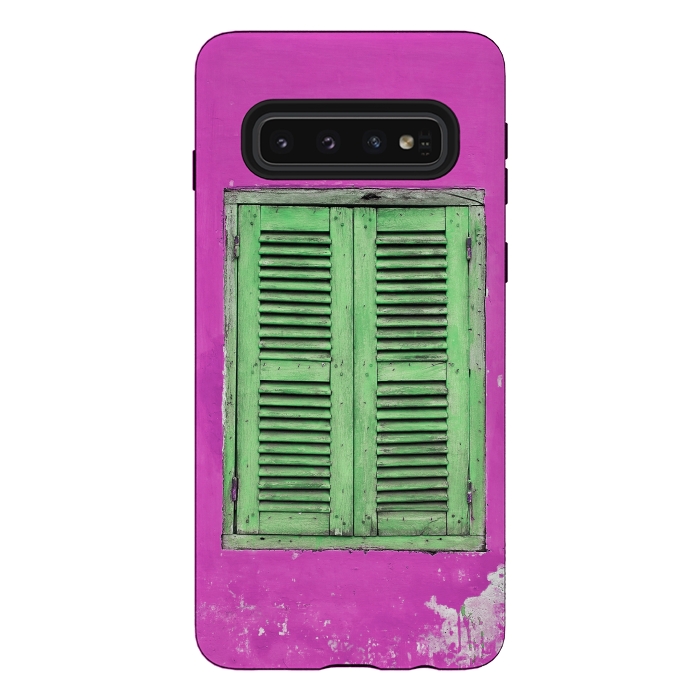 Galaxy S10 StrongFit Turquoise Green Shutters In Pink Wall by Andrea Haase