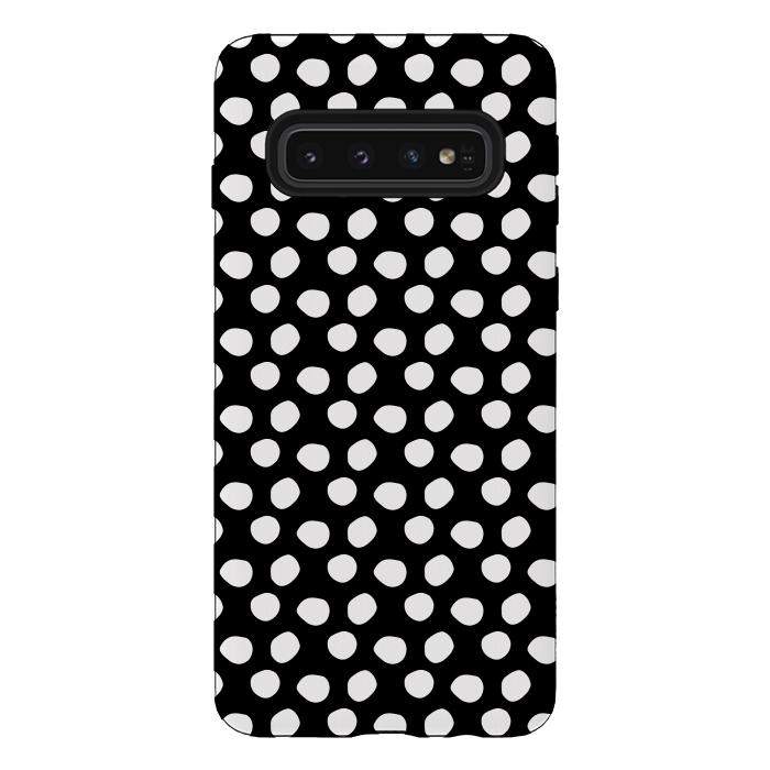 Galaxy S10 StrongFit Hand drawn white polka dots on black by DaDo ART