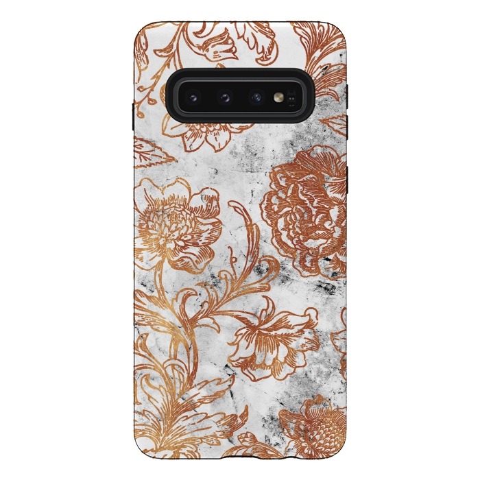 Galaxy S10 StrongFit Golden flowers line art on white marble by Oana 