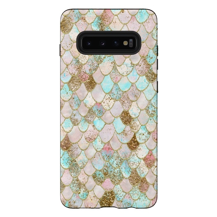 Galaxy S10 plus StrongFit Watercolor Wonky Gold Glitter Pastel Summer Mermaid Scales  by  Utart
