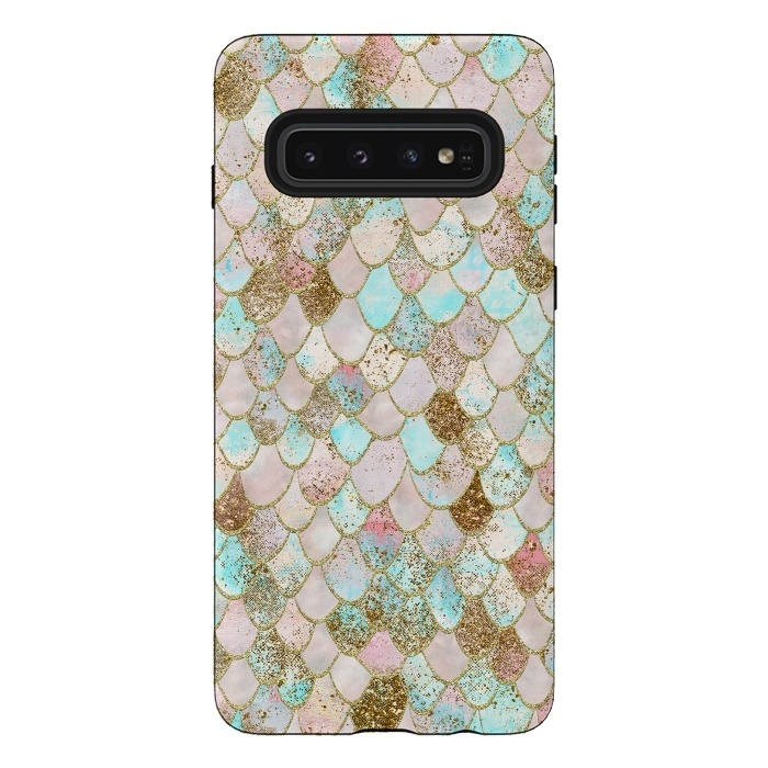 Galaxy S10 StrongFit Watercolor Wonky Gold Glitter Pastel Summer Mermaid Scales  by  Utart